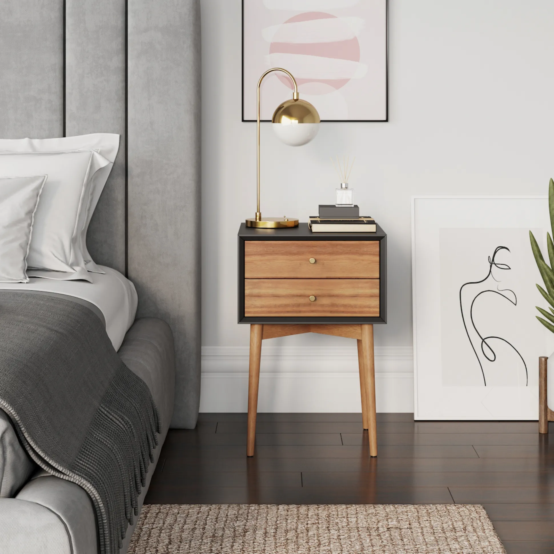 Wood Mid-Century Nightstand Acacia Black