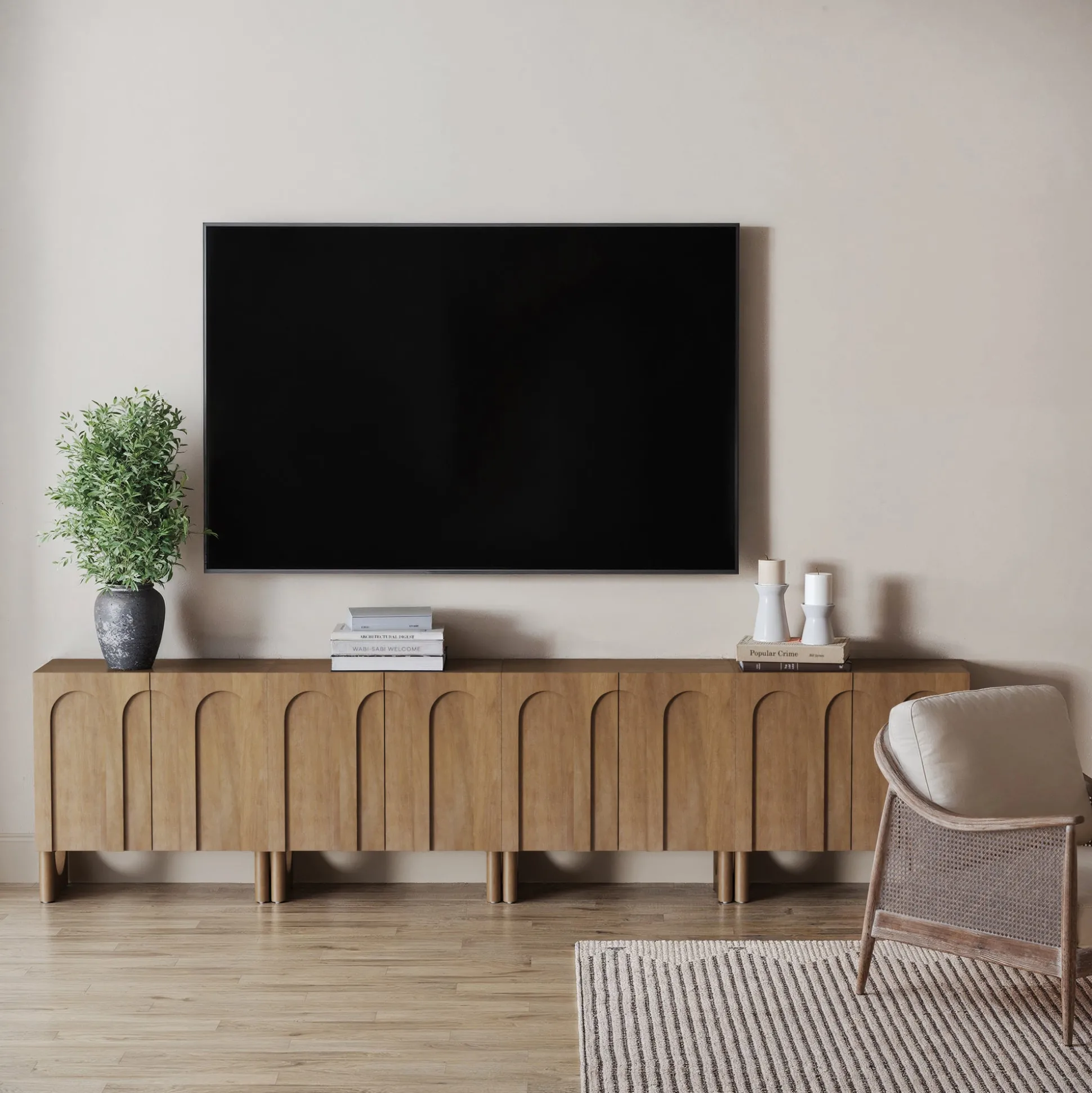 Wood Modular TV Console with Arched Doors for TVs up to 100" Light Brown