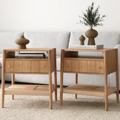 Wood Nightstand with Drawer & Seagrass Storage Light Brown (Set of 2)