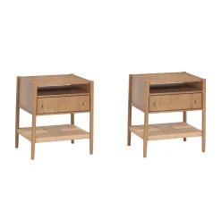 Wood Nightstand with Drawer & Seagrass Storage Light Brown (Set of 2)