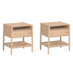 Wood Nightstand with Drawer & Seagrass Storage Raw Oak (Set of 2)