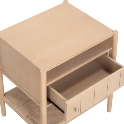 Wood Nightstand with Drawer & Seagrass Storage Raw Oak