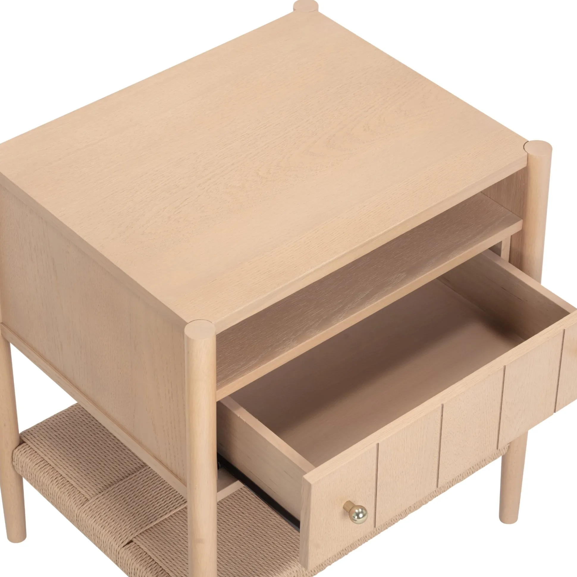 Wood Nightstand with Drawer & Seagrass Storage Raw Oak