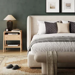 Wood Nightstand with Drawer & Seagrass Storage Raw Oak