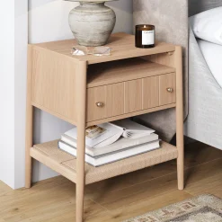 Wood Nightstand with Drawer & Seagrass Storage Raw Oak