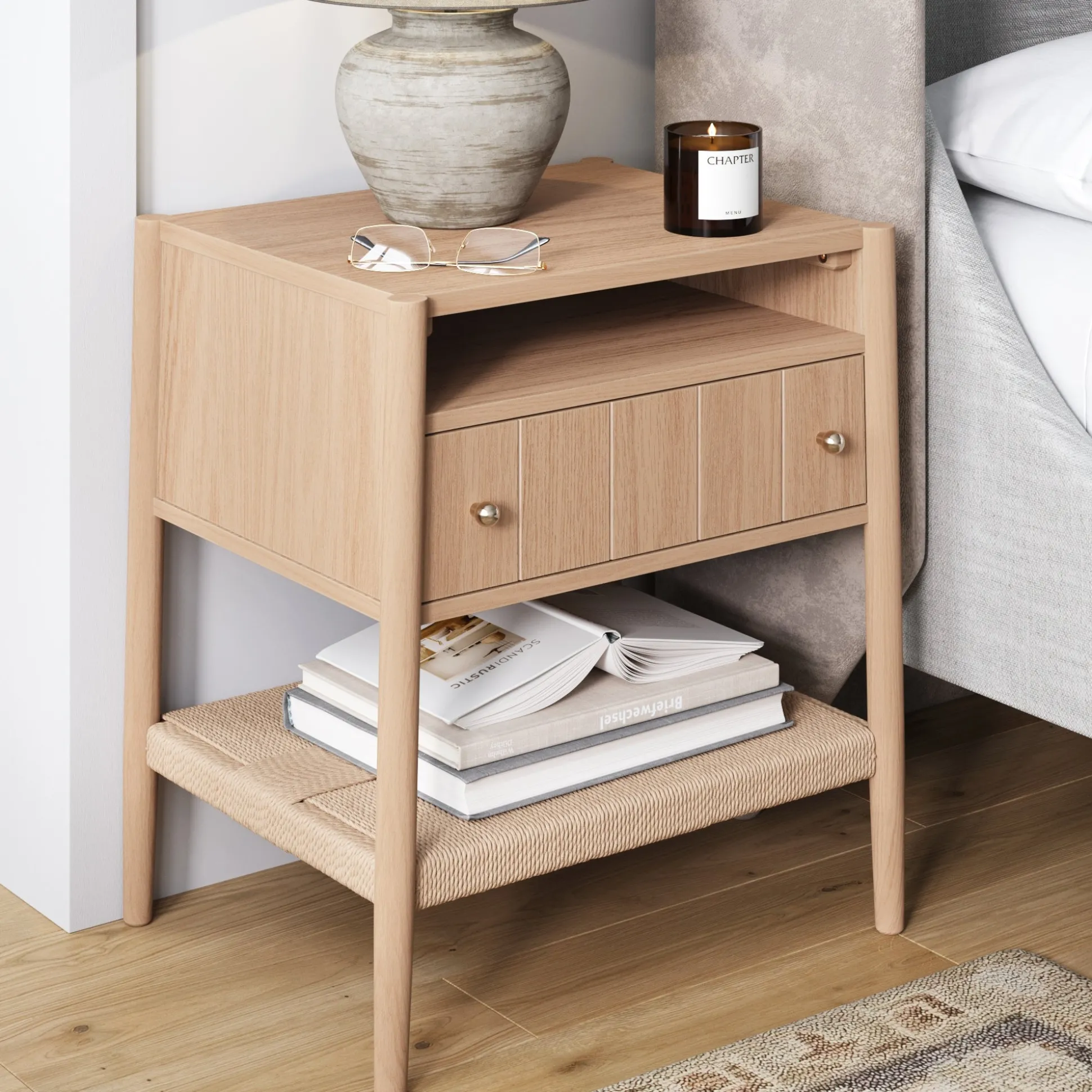 Wood Nightstand with Drawer & Seagrass Storage Raw Oak