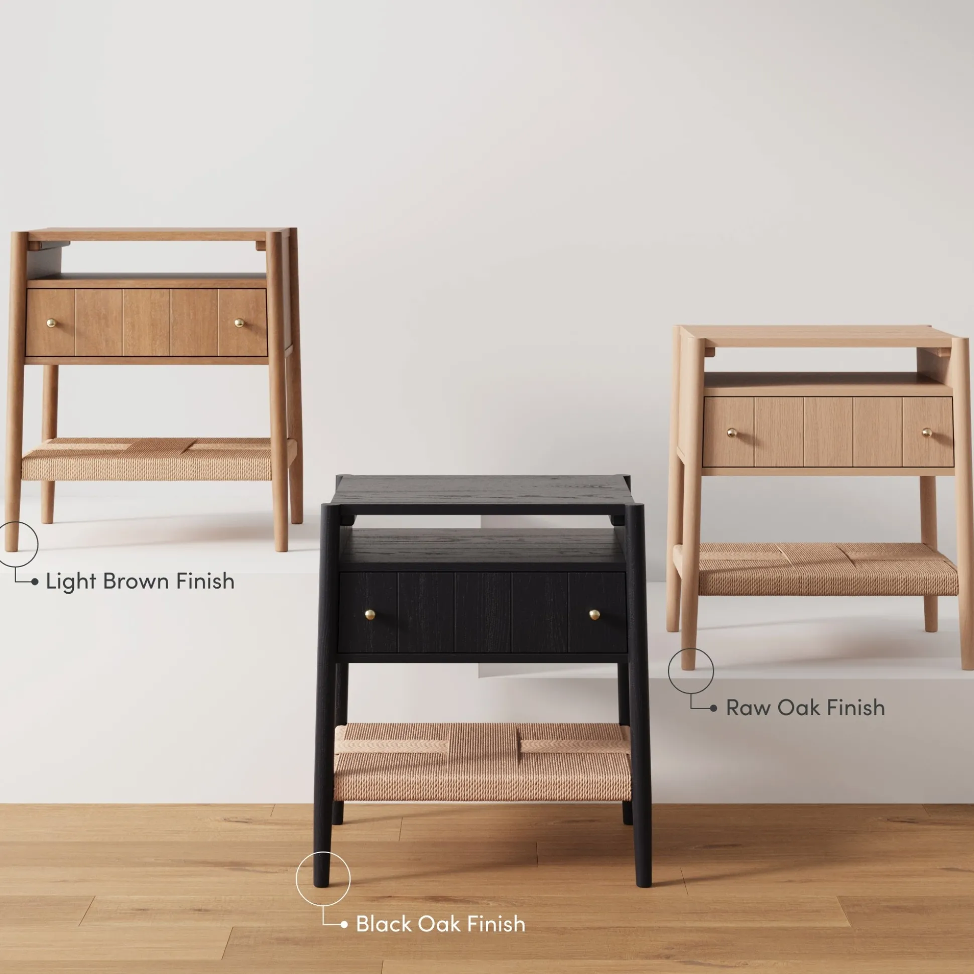 Wood Nightstand with Drawer & Seagrass Storage Raw Oak
