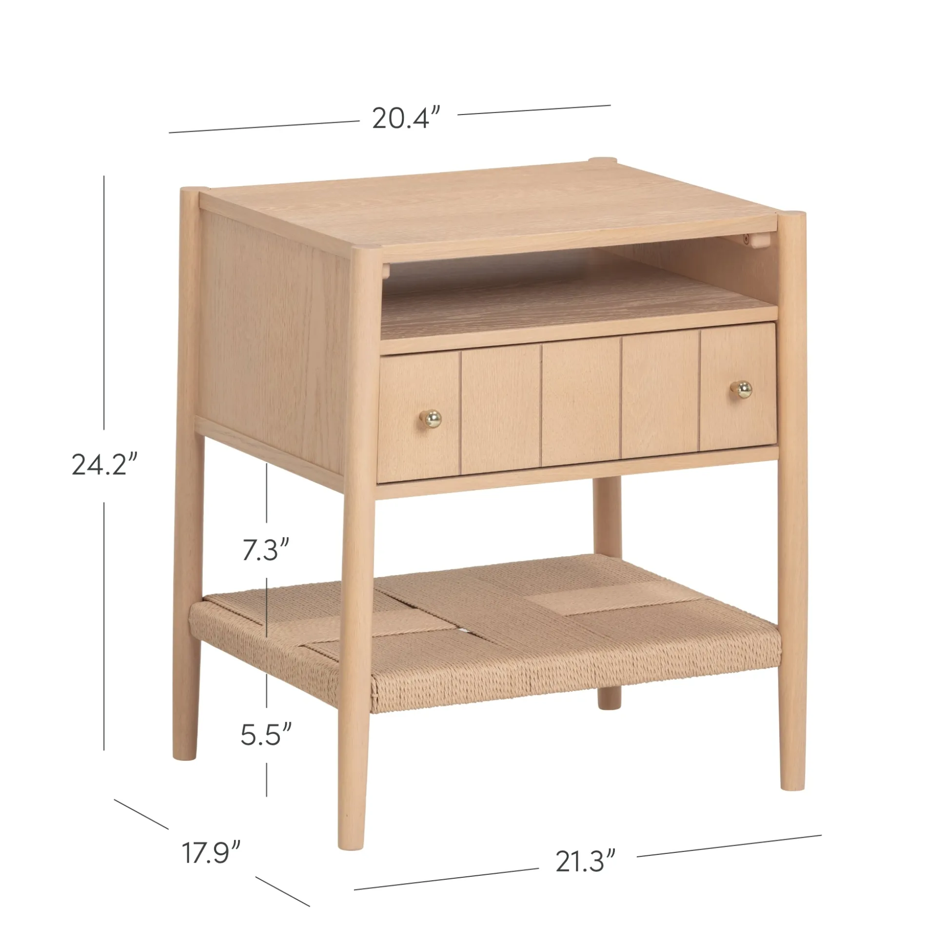 Wood Nightstand with Drawer & Seagrass Storage Raw Oak