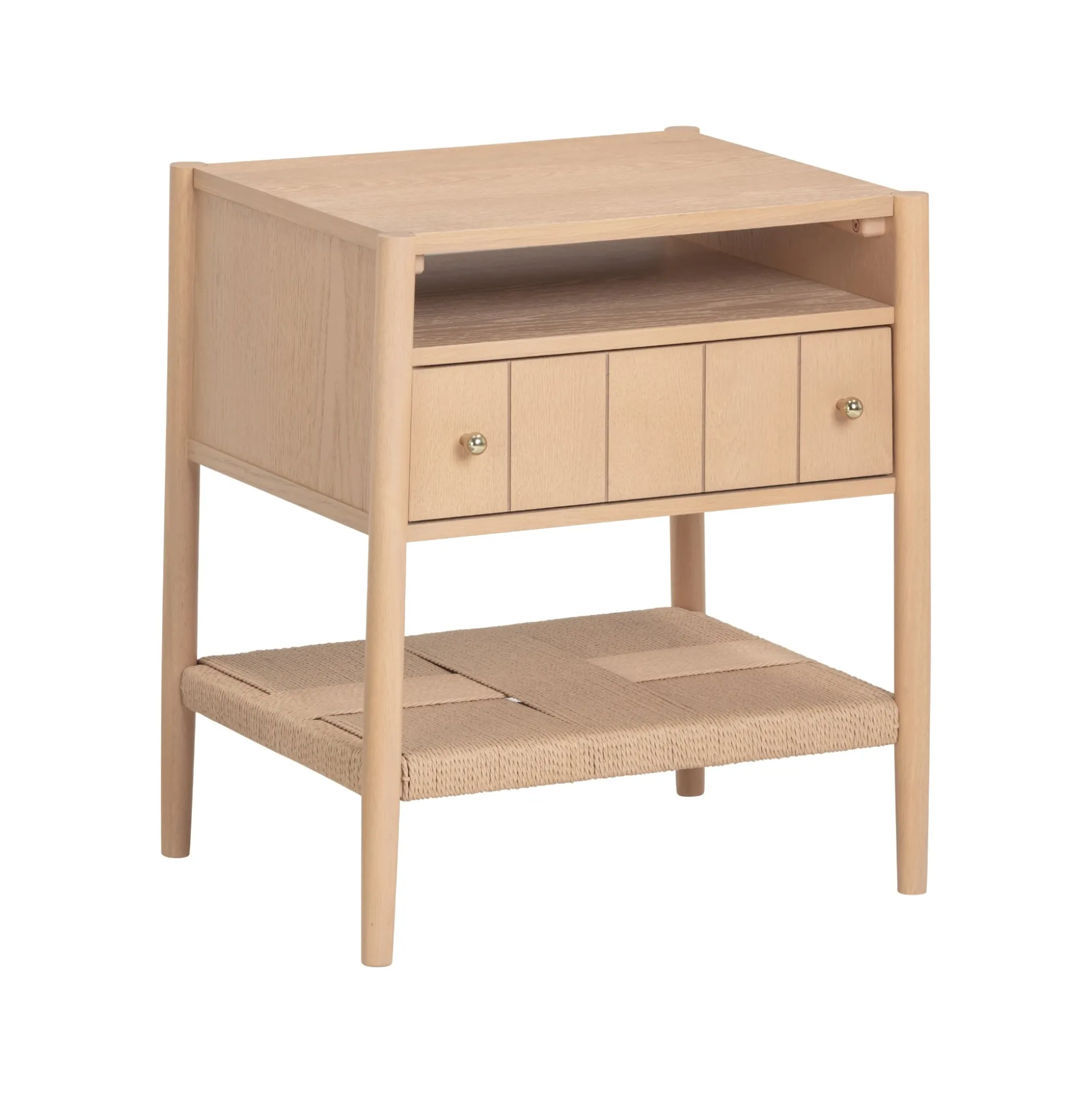 Wood Nightstand with Drawer & Seagrass Storage Raw Oak
