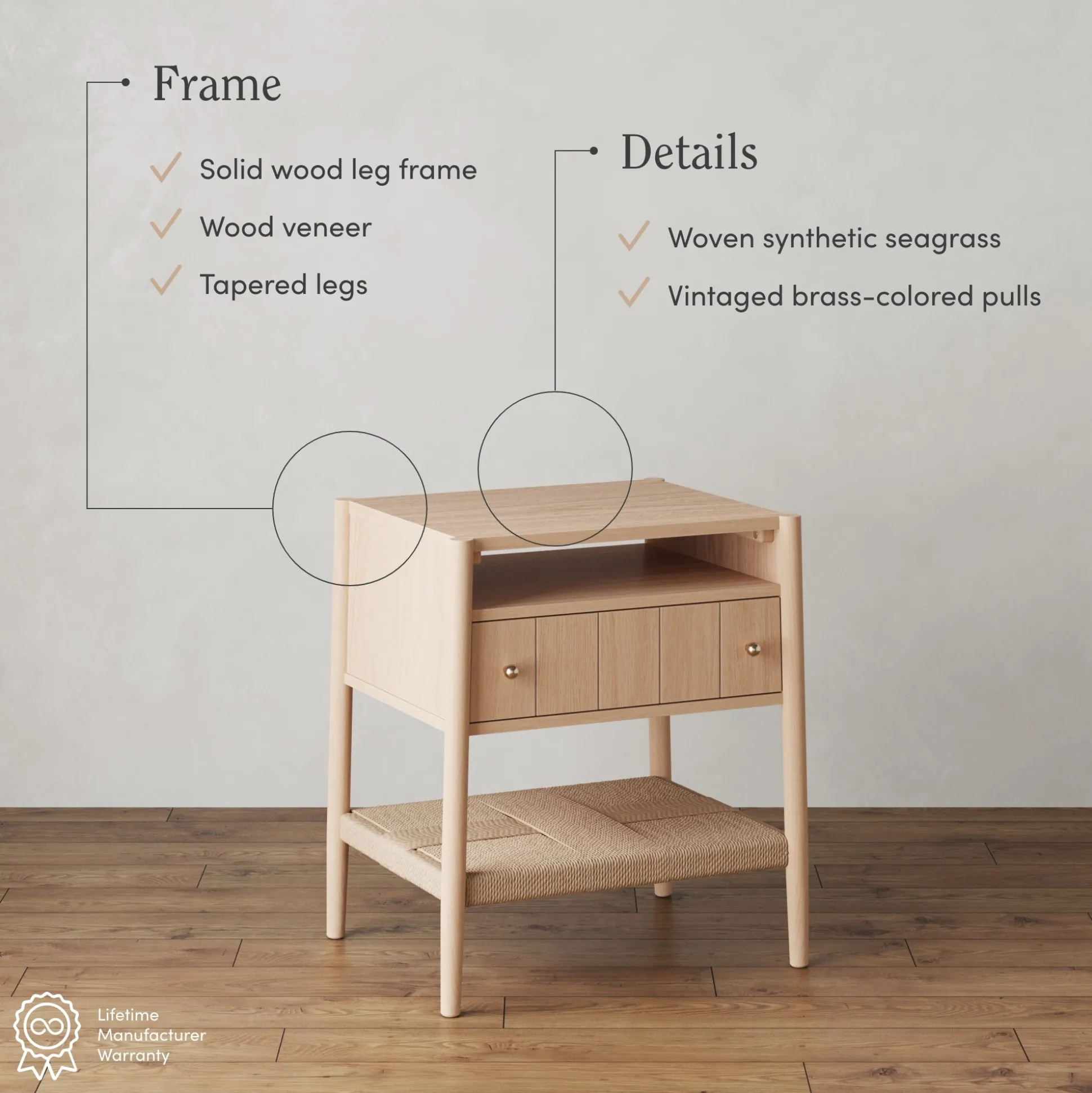 Wood Nightstand with Drawer & Seagrass Storage Raw Oak