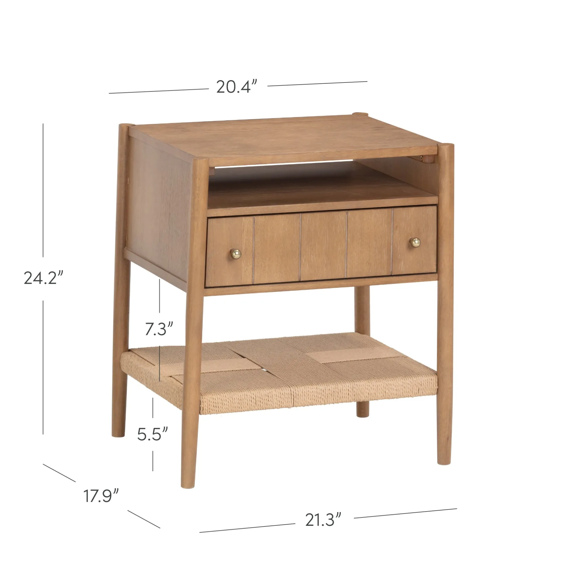Wood Nightstand with Drawer & Seagrass Storage Light Brown