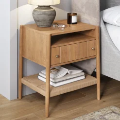 Wood Nightstand with Drawer & Seagrass Storage Light Brown