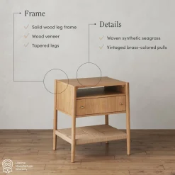 Wood Nightstand with Drawer & Seagrass Storage Light Brown