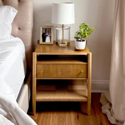 Wood Nightstand with Drawer & Seagrass Storage Light Brown