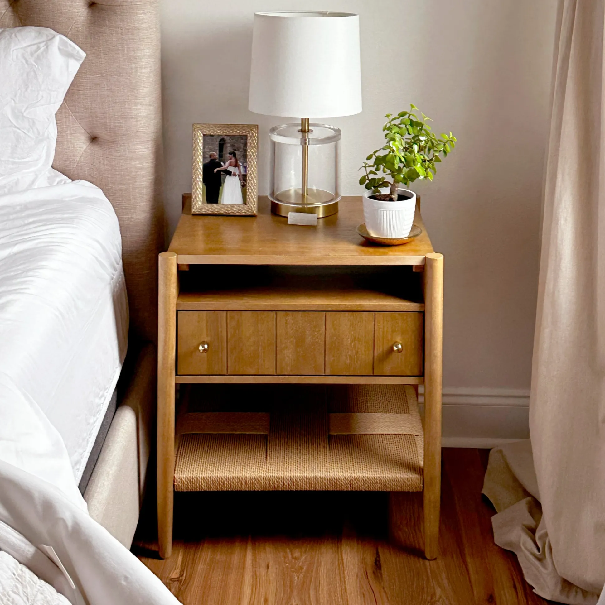 Wood Nightstand with Drawer & Seagrass Storage Light Brown