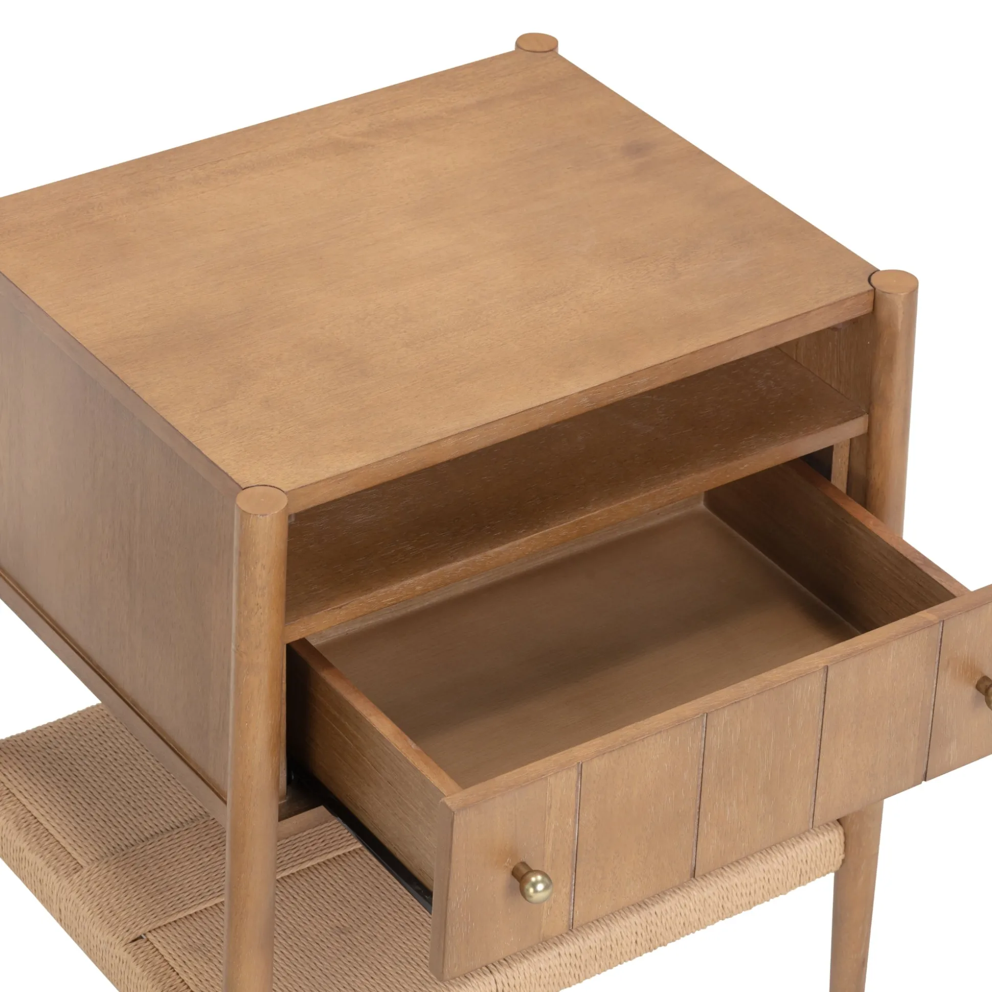Wood Nightstand with Drawer & Seagrass Storage Light Brown