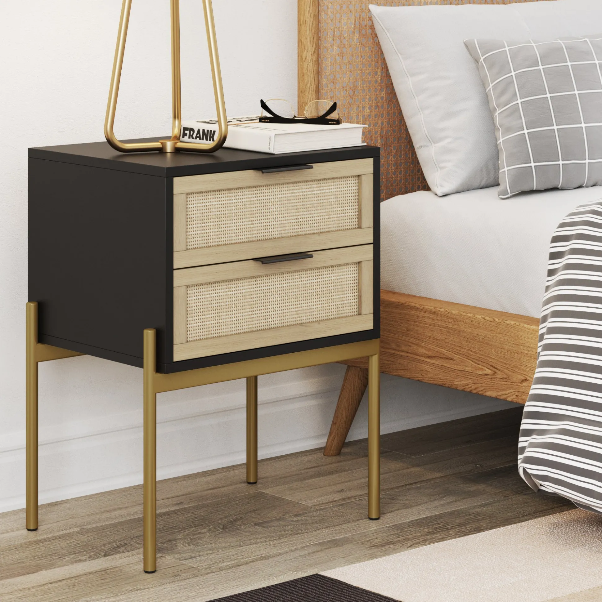 Wood & Rattan 2-Drawer Nightstand Black