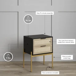 Wood & Rattan 2-Drawer Nightstand Black