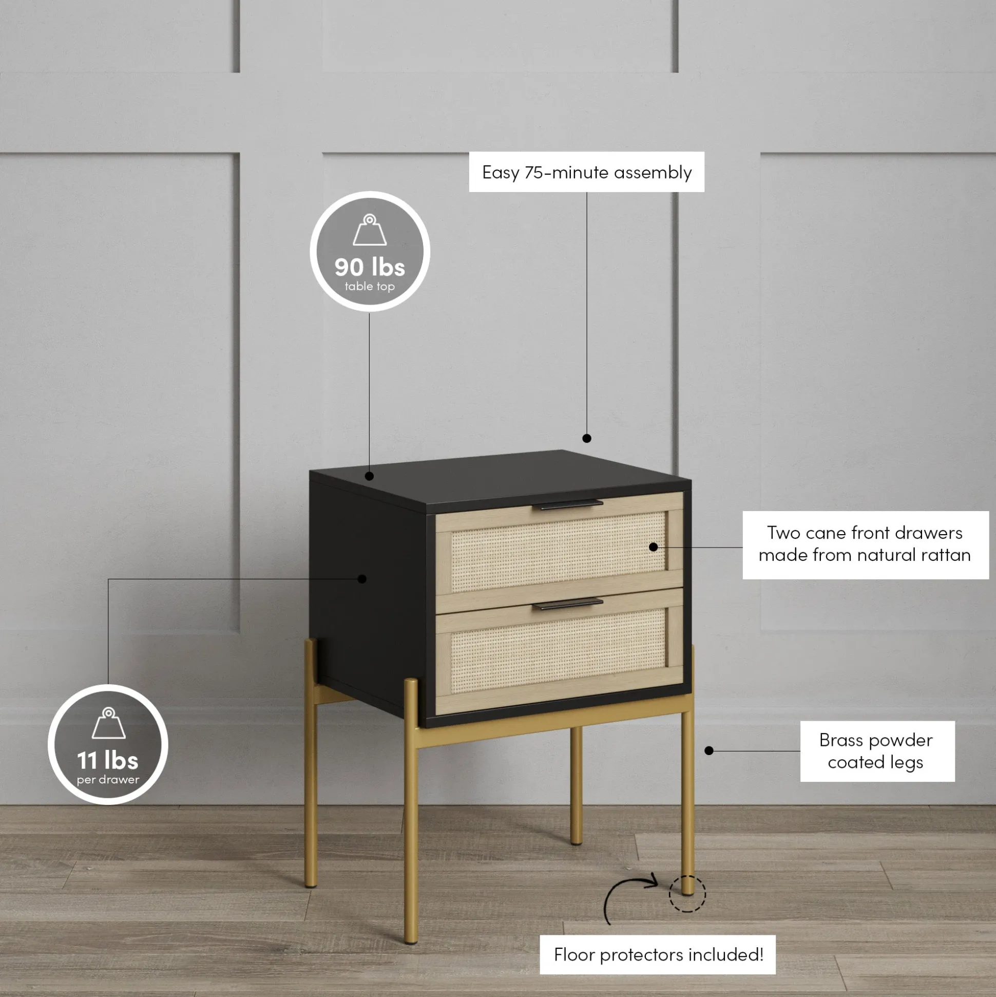 Wood & Rattan 2-Drawer Nightstand Black