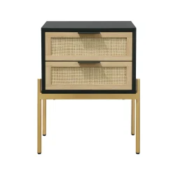 Wood & Rattan 2-Drawer Nightstand Black