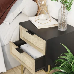Wood & Rattan 2-Drawer Nightstand Black