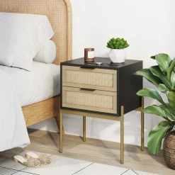 Wood & Rattan 2-Drawer Nightstand Black