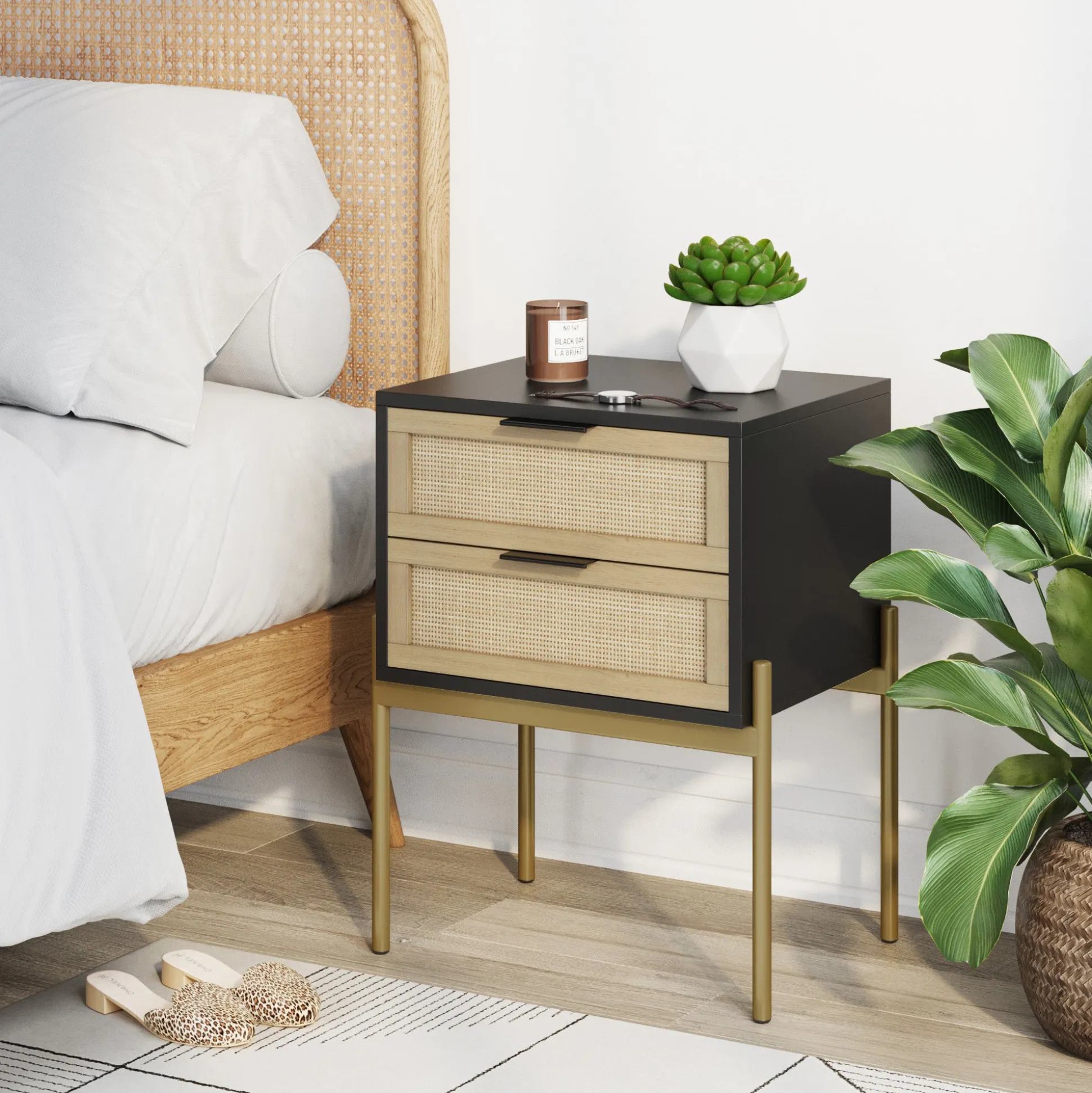 Wood & Rattan 2-Drawer Nightstand Black