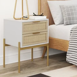 Wood & Rattan 2-Drawer Nightstand White