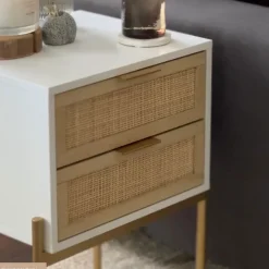Wood & Rattan 2-Drawer Nightstand White