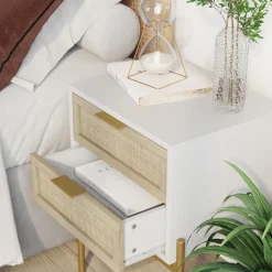 Wood & Rattan 2-Drawer Nightstand White