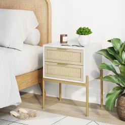 Wood & Rattan 2-Drawer Nightstand White