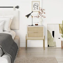 Wood & Rattan 2-Drawer Nightstand White