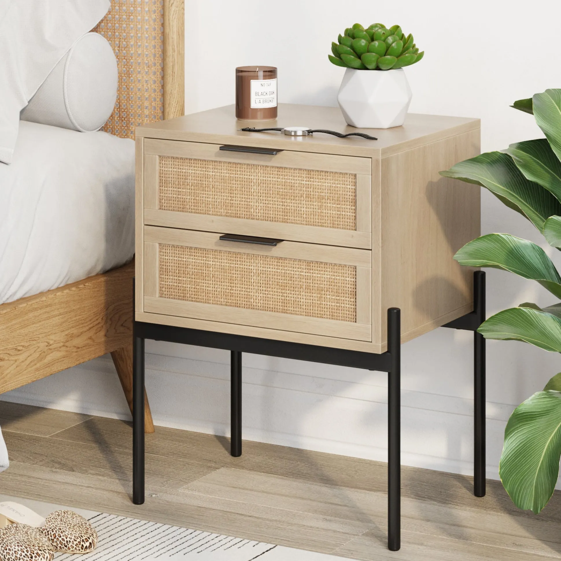 Wood & Rattan 2-Drawer Nightstand Light Oak