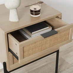 Wood & Rattan 2-Drawer Nightstand Light Oak