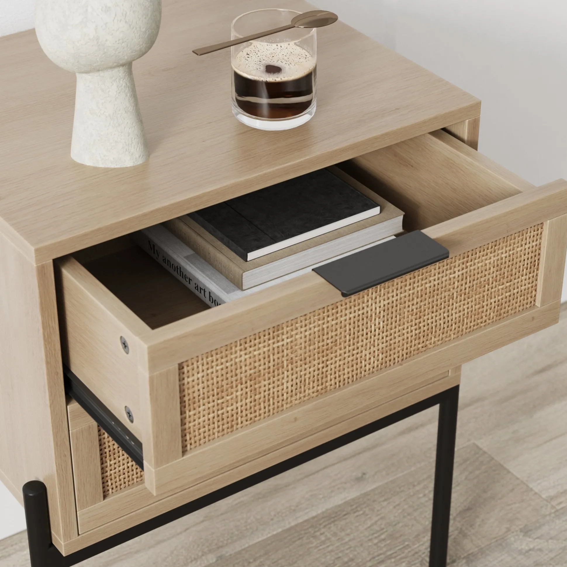 Wood & Rattan 2-Drawer Nightstand Light Oak