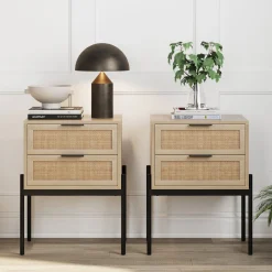 Wood & Rattan Nightstands Light Oak (Set of 2)