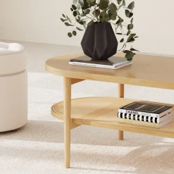 Wood & Rattan Oval Coffee Table Warm Pine