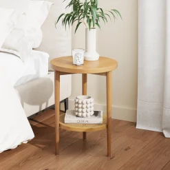 Wood & Rattan Round End Table Warm Pine