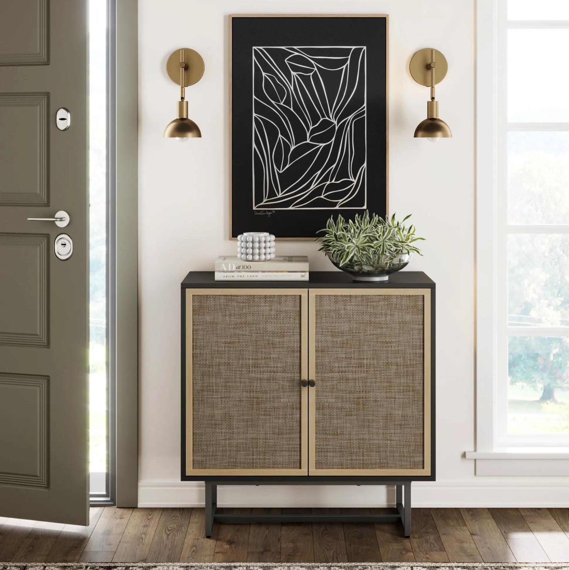 Wood & Rattan Storage Cabinet Black