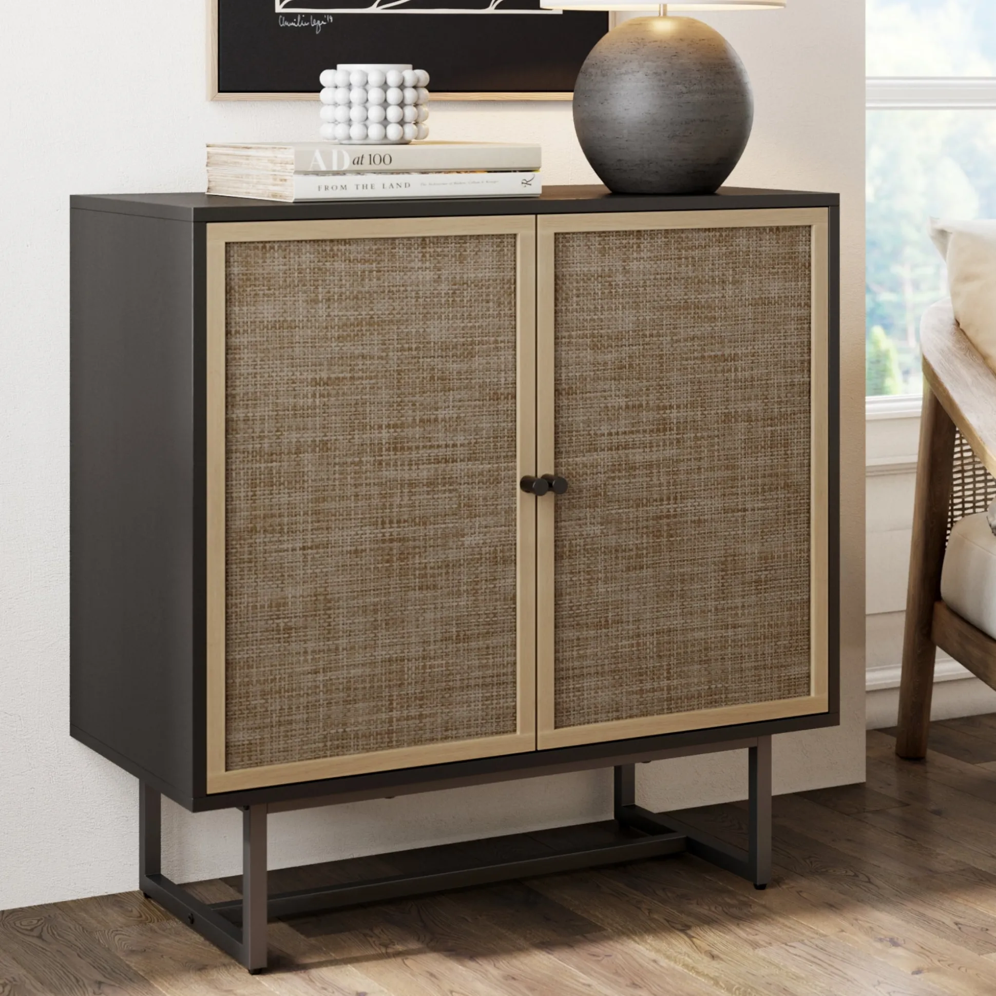 Wood & Rattan Storage Cabinet Black