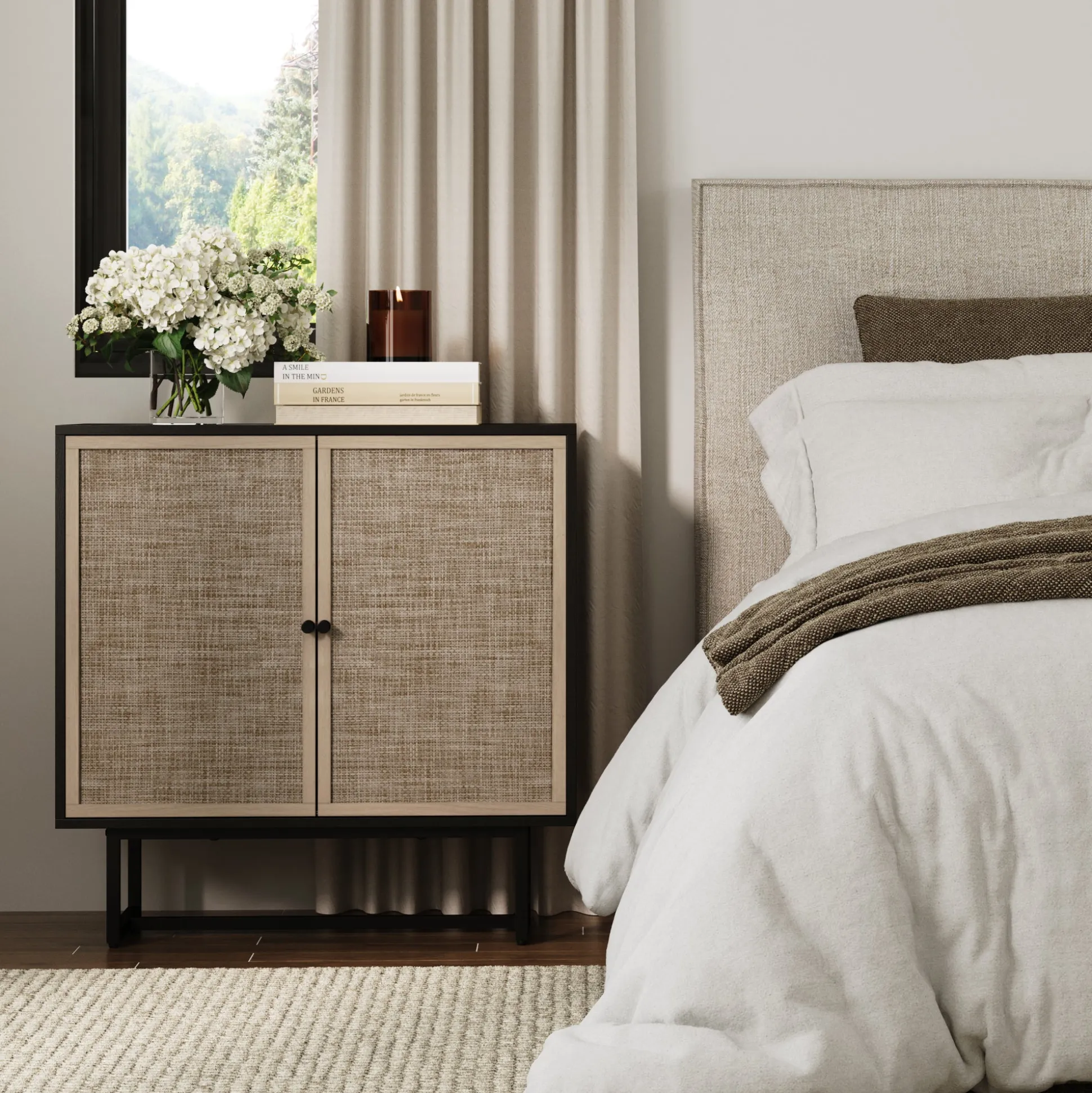 Wood & Rattan Storage Cabinet Black