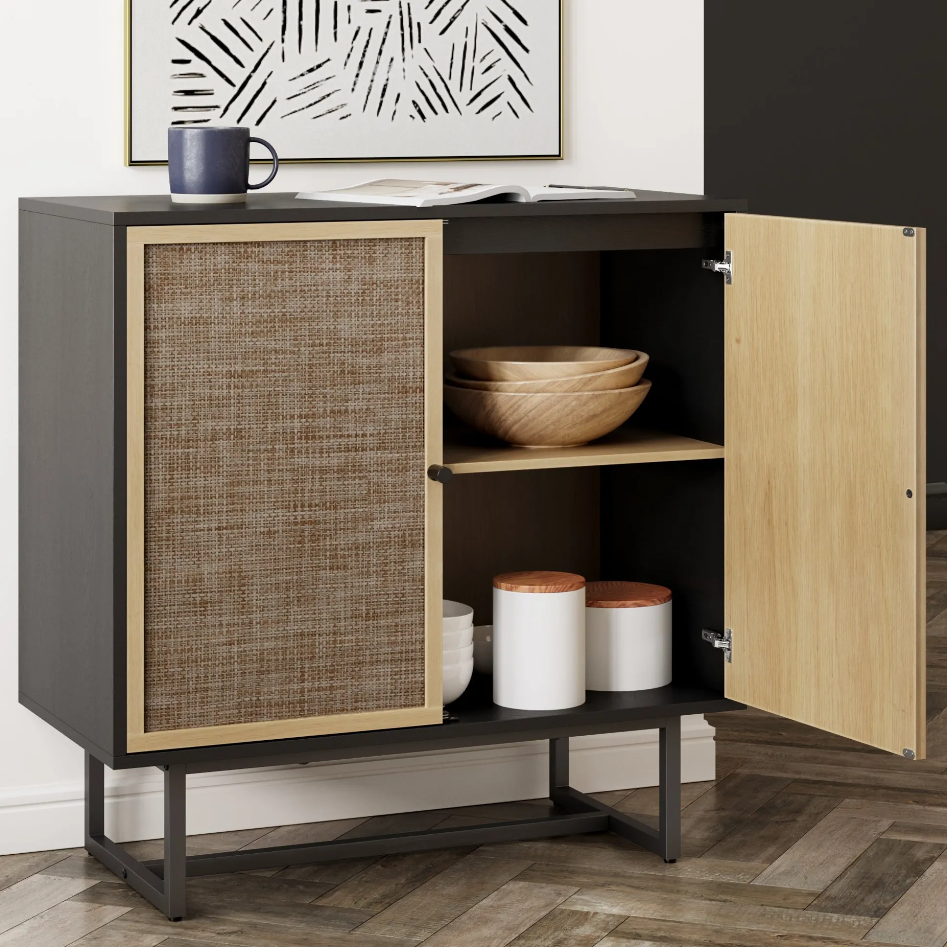 Wood & Rattan Storage Cabinet Black