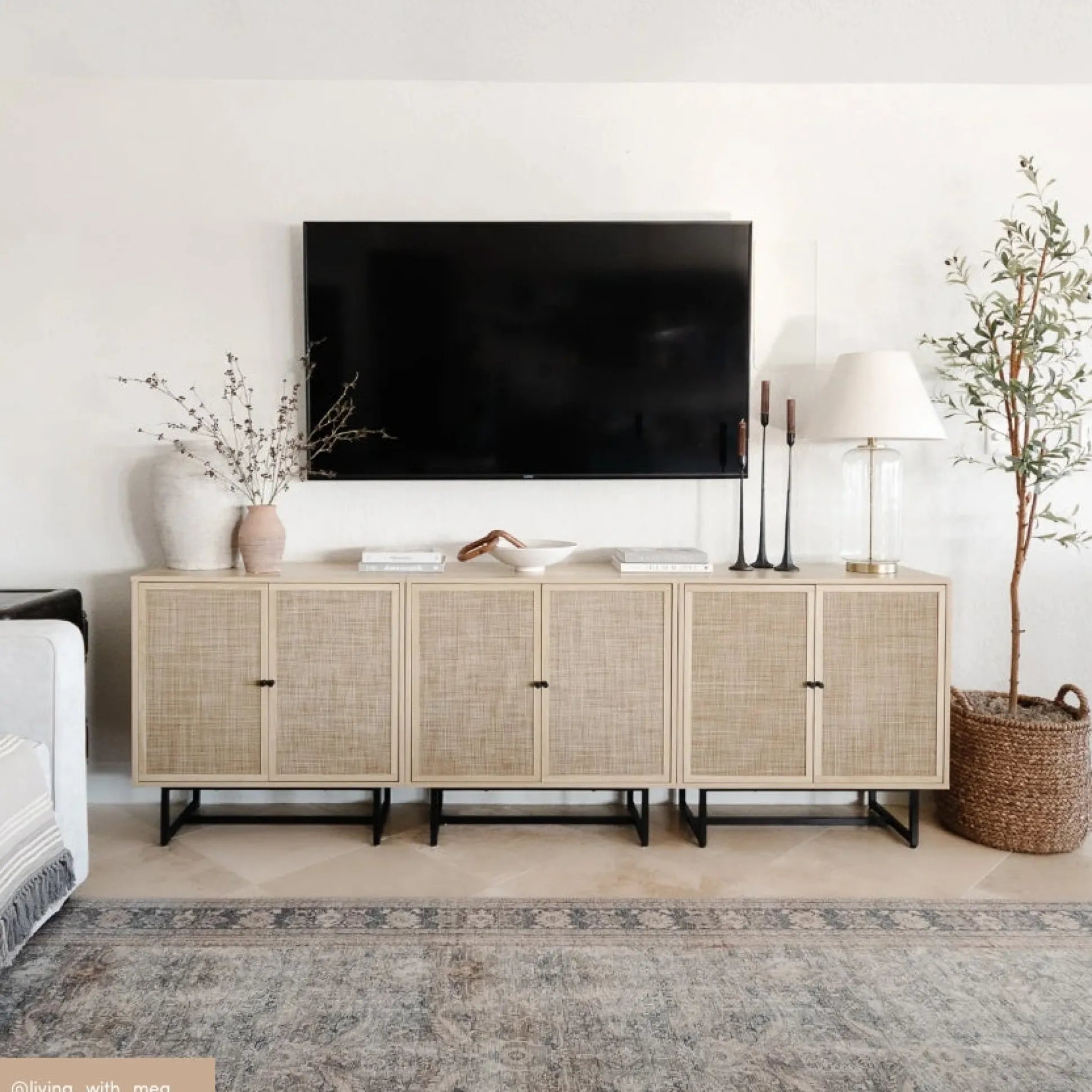 Wood & Rattan Storage Cabinet Light Oak