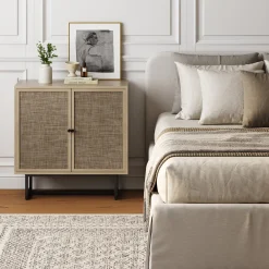 Wood & Rattan Storage Cabinet Light Oak