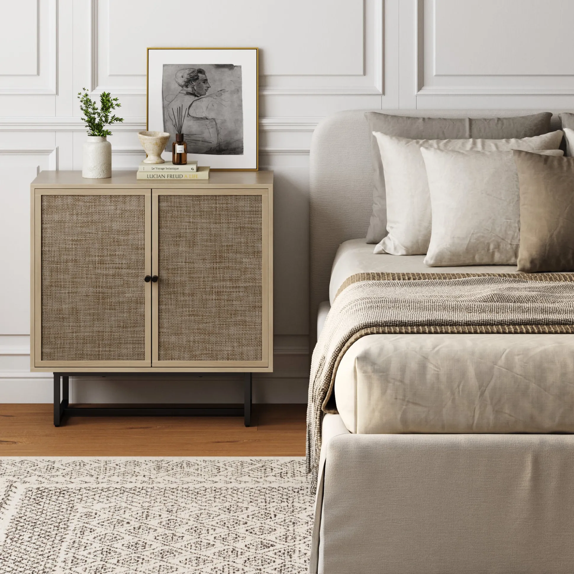 Wood & Rattan Storage Cabinet Light Oak