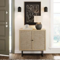 Wood & Rattan Storage Cabinet Light Oak