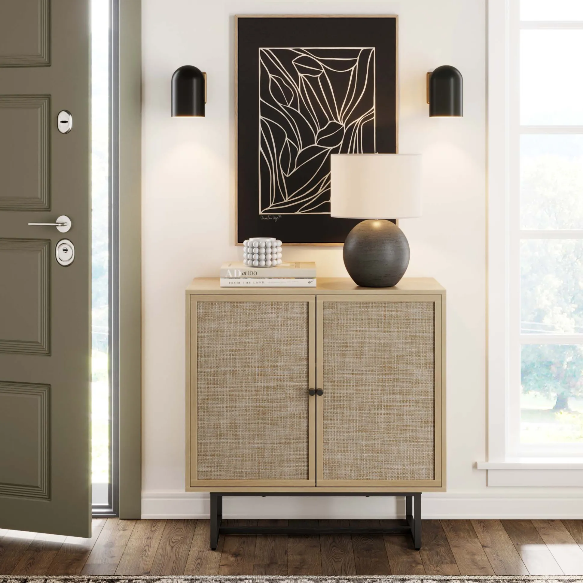 Wood & Rattan Storage Cabinet Light Oak