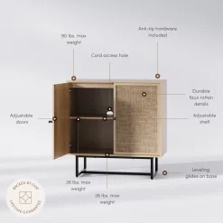 Wood & Rattan Storage Cabinet Light Oak