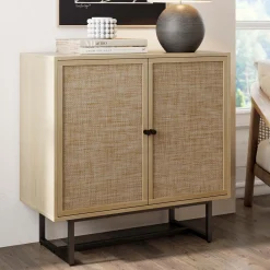 Wood & Rattan Storage Cabinet Light Oak
