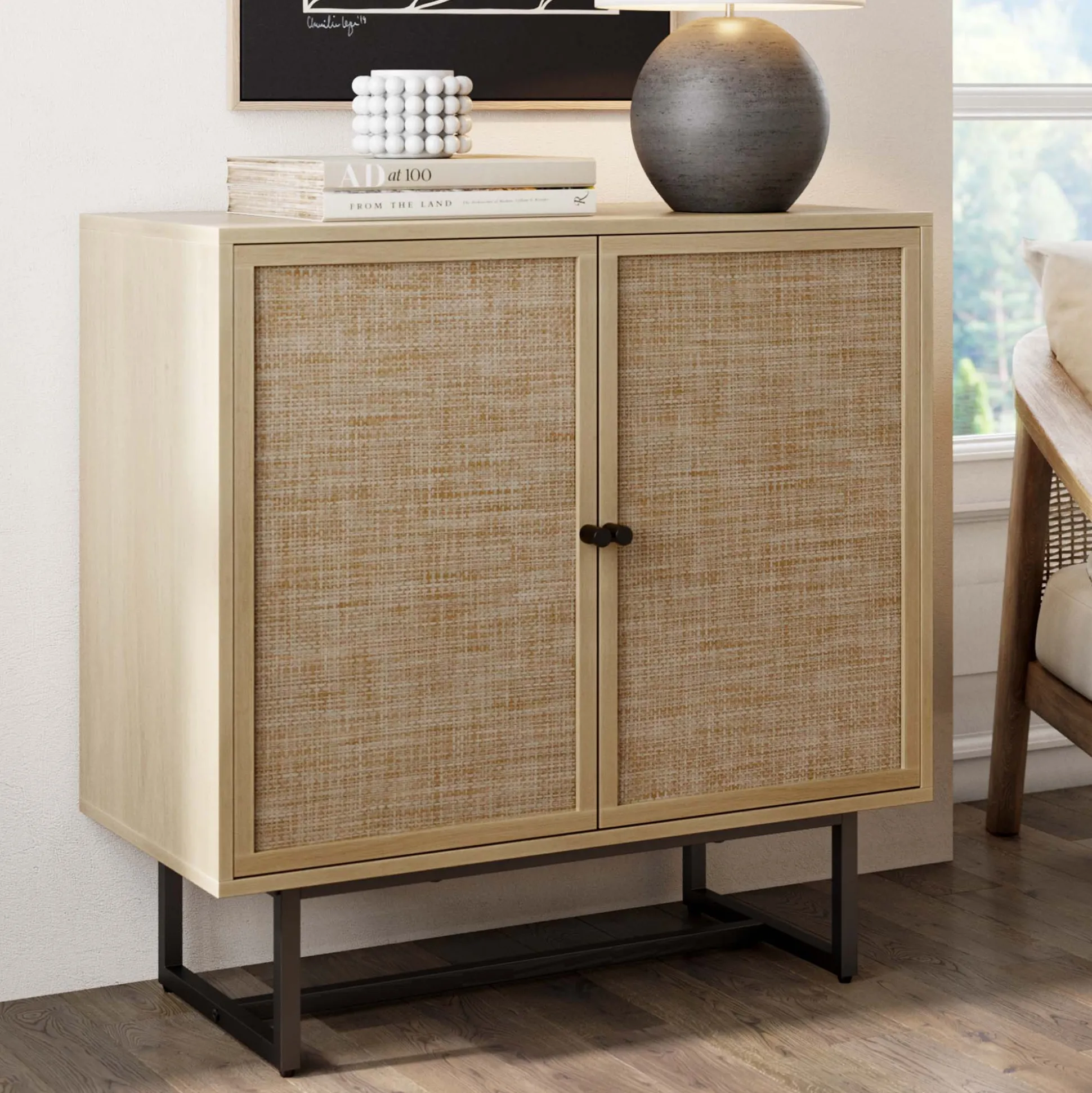 Wood & Rattan Storage Cabinet Light Oak